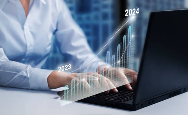 istock Growing virtual hologram stock chart in New Year 2024. Developnent, planning and strategy, stock market, business progress, motivation or success concept. 1498061866
