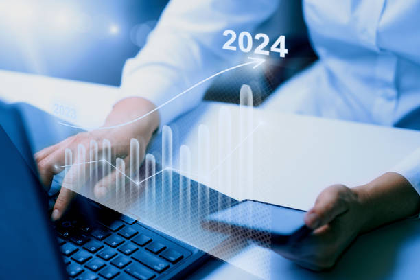 istock Growing virtual hologram stock chart in New Year 2024. Developnent, planning and strategy, stock market, business progress, motivation or success concept. 1498061914