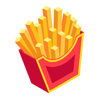 Isometric french fries. Fast food cardboard packaging, tasty fried potatoes. Flat vector 3d illustration