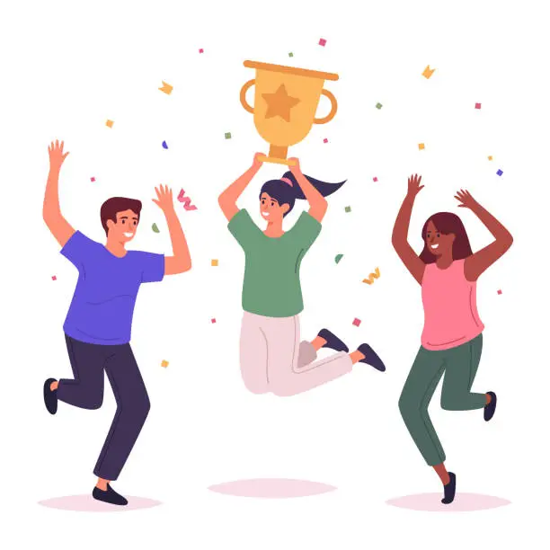 Vector illustration of Jumping winning team. Happy rewarded people, successful teamwork people with goblet, winning concept flat vector illustration