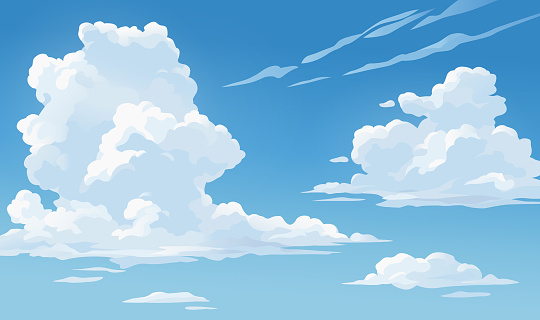 Vector illustration of fluffy clouds in a bright blue sky.