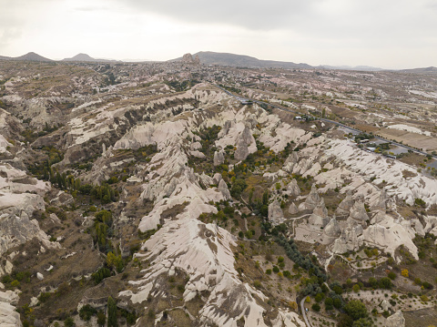 Aerial view of Cappadocia in Nevşehir, Türkiye. Taken via drone.