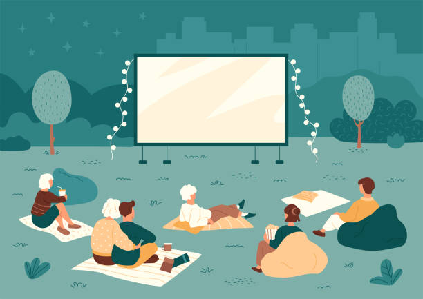 Outdoor cinema in public park. People resting in the night on blankets and cushion chairs. Summer evening activities concept. Man and woman watching movies in fresh air. Vector illustration. popcorn and movie stock illustrations