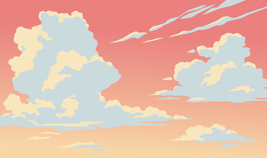 Vector illustration of fluffy clouds in an orange evening or morning sky. Flat design.