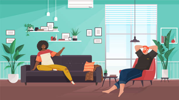 Love couple talking at home. Happy romantic married man and woman sitting in living room interior Love couple talking at home. Happy romantic married man and woman sitting in living room interior. Husband and wife in cosy homey apartment, communicating and relaxing. Family relationships dusk cartoon stock illustrations