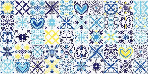 Mediterranean ornament. Hand drawn curve and floral blue mosaic pattern. Arabic ceramic tiles. Blue colors, print for textile, wrapping paper, oriental decor tilework, vector isolated illustration