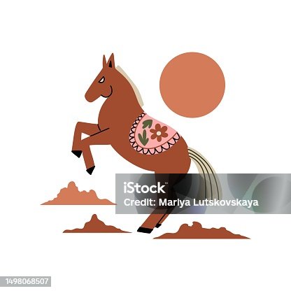 istock Horse in desert. Wild west. Western landscape. Animal in active pose. Cartoon flat style isolated element. Contemporary print, vector illustration, poster, card or emblem 1498068507