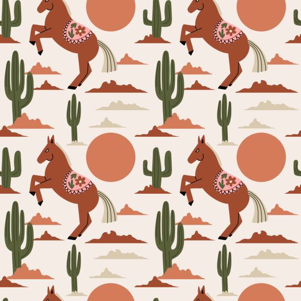 ilustrações de stock, clip art, desenhos animados e ícones de horse in desert pattern. wild west seamless texture. western landscape. cactus and sun. cartoon flat isolated elements. contemporary print, decor textile, wrapping paper, wallpaper, vector - leather backgrounds textured wild west