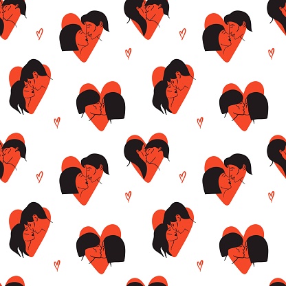 Kissing people seamless pattern. Line portrait. Man and woman couple in love, romantic relationships. Boyfriend and girlfriend. Decor textile, wrapping paper, wallpaper design, vrint for fabric vector