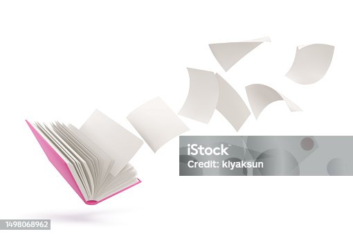 istock Realistic open book with blank pages flying 1498068962