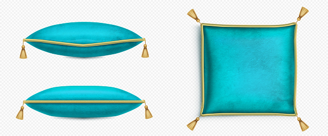 Turquoise royal cushion with gold tassel for crown. Isolated 3d velvet square pillow for jewelry on transparent background in top and side view. Vintage realistic soft decoration for monarch wedding