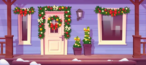 Vector illustration of Cartoon house porch with Christmas decoration