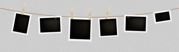 Vector illustration of Realistic set of instant photos hanging on rope