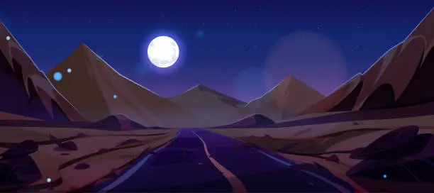 Vector illustration of Full moon night road in Egypt african sand desert