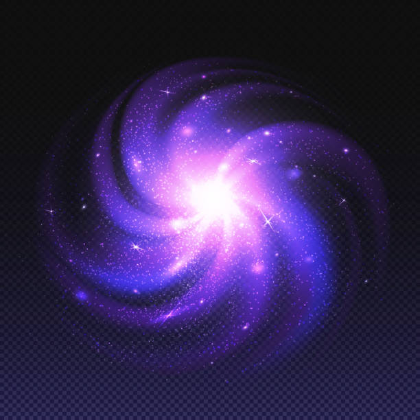 Purple nebula, spiral galaxy with glowing stars Purple nebula, spiral galaxy with glowing planets and stars. Space twisted andromeda system with white hole and milky way, deep cosmos with interstellar dust, abstract realistic vector on transparent moon dust stock illustrations