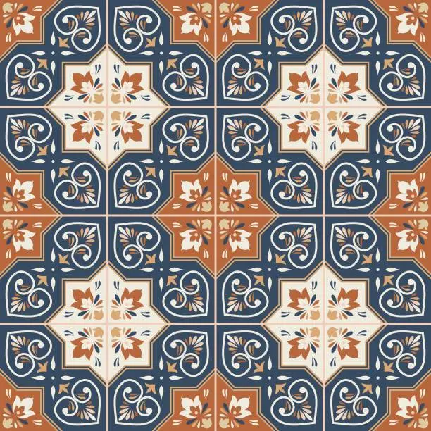 Vector illustration of Ceramic seamless patchwork pattern from colorful Moroccan, Portuguese tiles, Azulejo, ornaments.