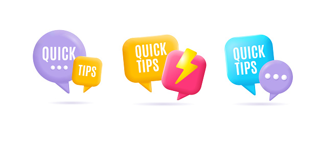 3d Quick Tips Banners Labels Set Solution Concept Cartoon Style with Different Speech Bubbles. Vector illustration