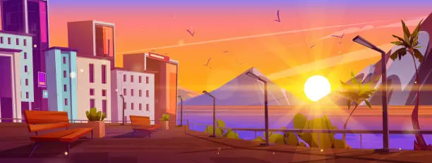 Vector illustration of Empty tropical urban embankment, sunset skyline