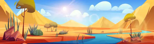 Vector illustration of Desert river landscape vector cartoon background