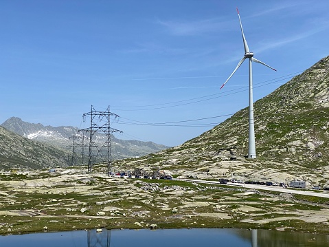 The Path of Energy (der Pfad der Energie) in the Gotthard wind farm or Windpark St. Gotthard and in the alpine mountainous area of the Gotthard Pass (Gotthardpass), Airolo - Switzerland (Schweiz)
