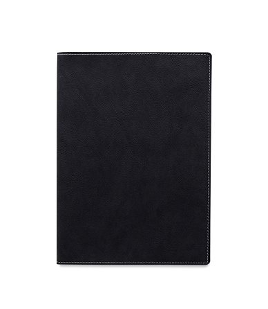 Top view closed black leather notebook or diary isolated and white background with clipping path