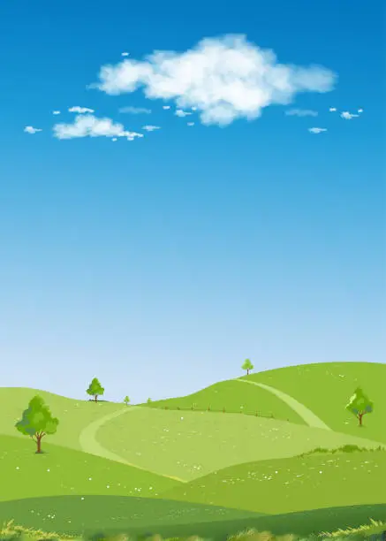 Vector illustration of Spring Landscape Green fields,Mountain,Blue Sky and Clouds Background,Vertical peaceful rural nature Sunnyday Summer with grass land.Cartoon Vector illustration for Spring and Summer banner