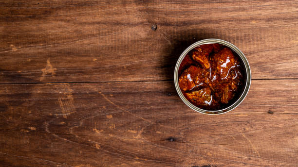 istock Canned food top view photo, Cans with pull-out ring, metal packaging. 1498073984