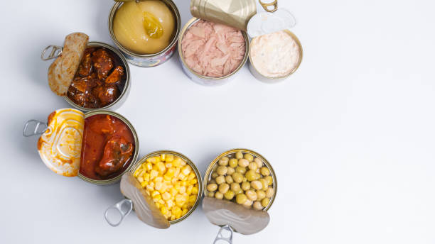 istock Canned food top view photo, Cans with pull-out ring, metal packaging. 1498074061
