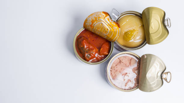 istock Canned food top view photo, Cans with pull-out ring, metal packaging. 1498074067