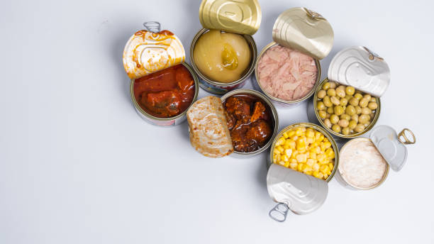 istock Canned food top view photo, Cans with pull-out ring, metal packaging. 1498074069