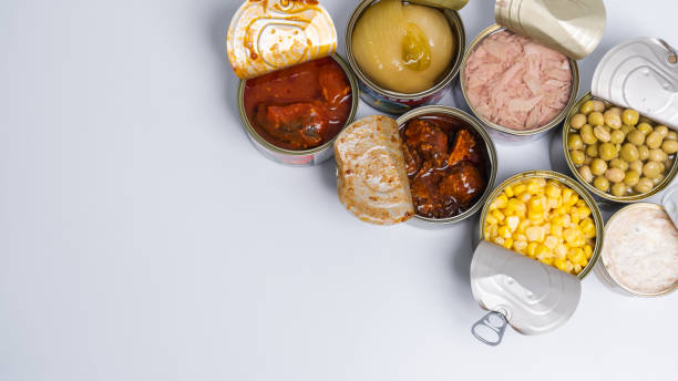 istock Canned food top view photo, Cans with pull-out ring, metal packaging. 1498074071