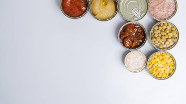 istock Canned food top view photo, Cans with pull-out ring, metal packaging. 1498074075