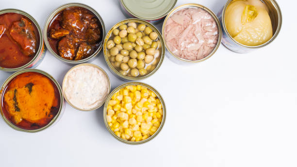 istock Canned food top view photo, Cans with pull-out ring, metal packaging. 1498074079