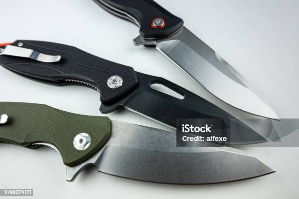 Three Hunting Knife Or Combat Isolated On White Stock Photo - Download Image Now - Knife - Weapon, Penknife, Folding