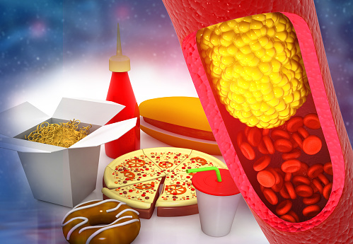 Cholesterol blocked arteries with fast foods, junk food. 3d illustration