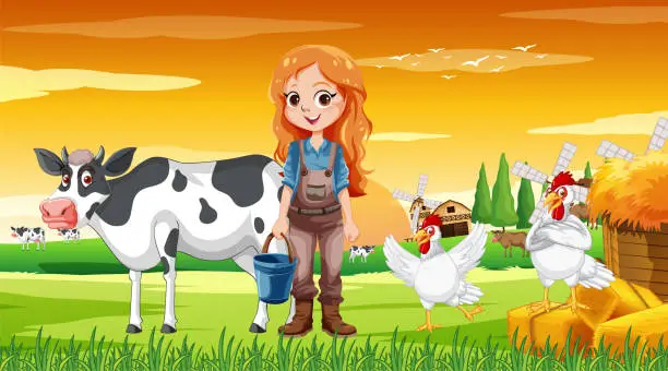Vector illustration of Cute farmer cartoon character ay rural farm land