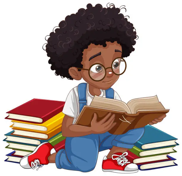 Vector illustration of Afro African with curly hair boy reading a book