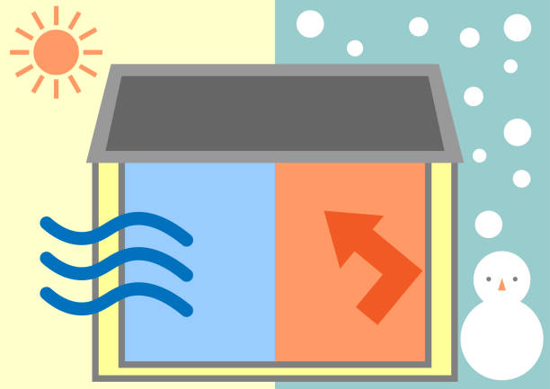 ilustraciones, imágenes clip art, dibujos animados e iconos de stock de imagen de verano e invierno de una casa con aislamiento - aislante