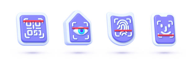 illustrations, cliparts, dessins animés et icônes de ensemble de scan 3d pour la conception web. face id, finger scan, eye scan, qr code scan. technologie de données. illustration vectorielle 3d - bar code biometrics people one person
