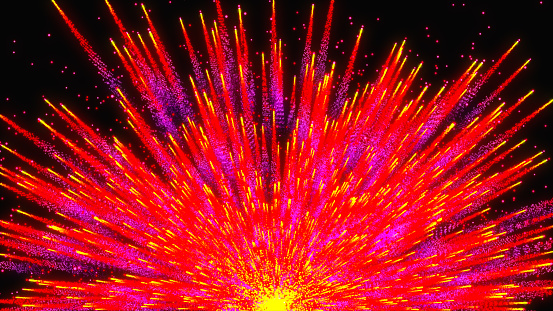 explosion of red particles against a dark backdrop. Black backdrop with abstract multicolored splatters and bursting color particles frozen in motion