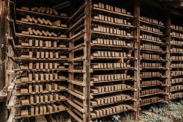 Brick drying on shelves in brick factory