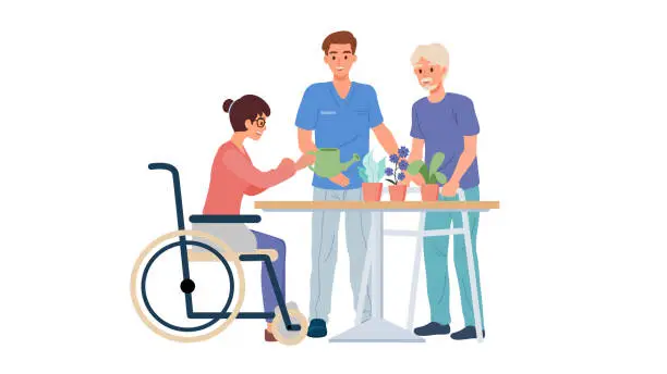 Vector illustration of Occupational therapy activity rehabilitation session for disabled patient on wheelchair and standing with walker. Gardening activity for treatment and intervention of occupational therapist.