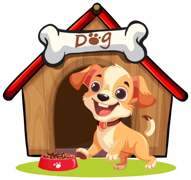 Vector illustration of Dog in front of dog house