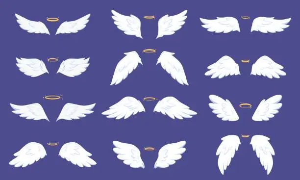Vector illustration of Cartoon angel flat wings. Wing angels and sparkle nimbus. Cute shining holy heaven elements. Simple fly bird symbols, snugly vector graphic