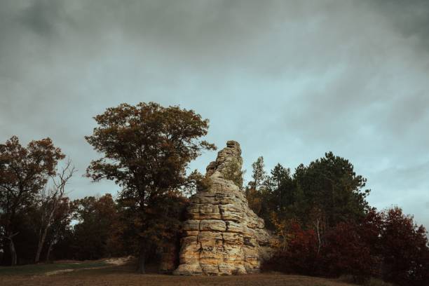a hill covered in rocks with trees next to it and grey skies above