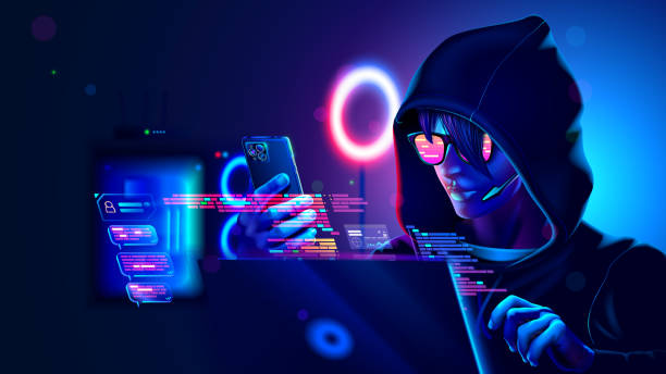 Hacker or phone scammer in hood hacking at computer and mobile smartphone in dark room. Computer criminal uses malware on phone to hack devices. Hacker in dark hoodie in room with neon light using pc vector art illustration