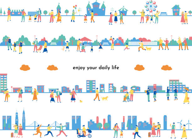 사람들의 일상 생활 삽화 세트 - townscape stock illustrations
