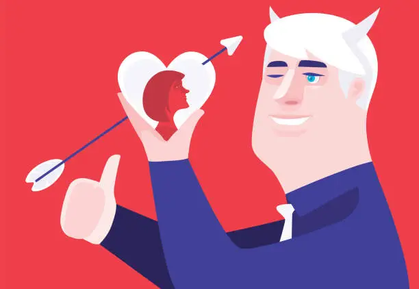 Vector illustration of evil man holding heart with arrow