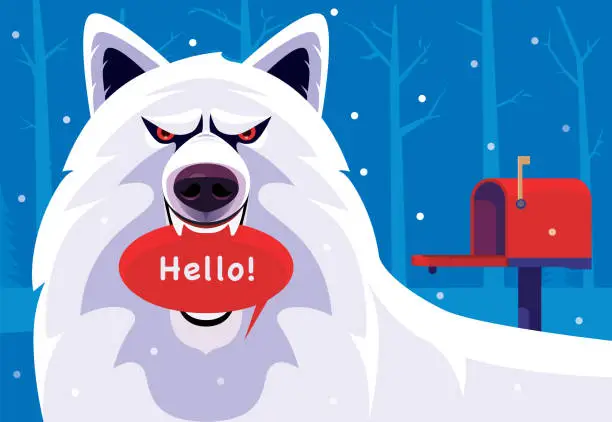 Vector illustration of anger wolf biting speech bubble beside mailbox