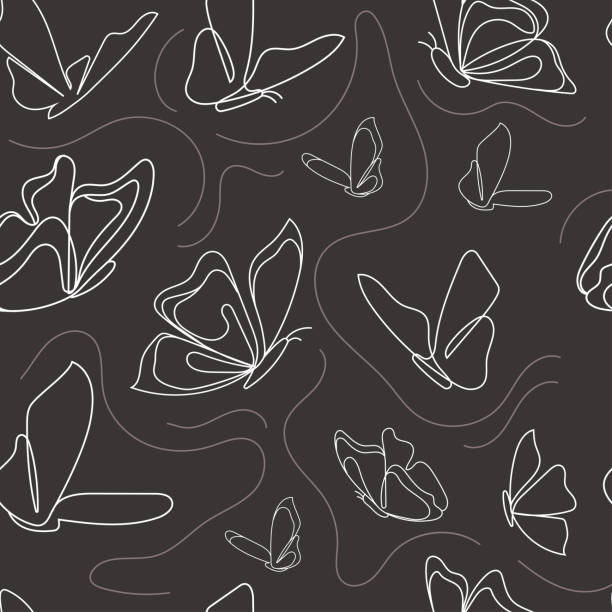 Web Butterfly One line seamless pattern on a gray background. Flying butterflies Mono line minimalistic style. Simple design backgound.Print wallpaper,fabric,cover,paper,web.Vector illustration simple butterfly outline pictures stock illustrations